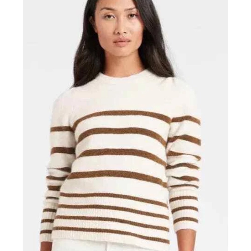 Banana Republic Cream Brown Striped Sweater Women's L Alpaca Wool Puff Sleeve